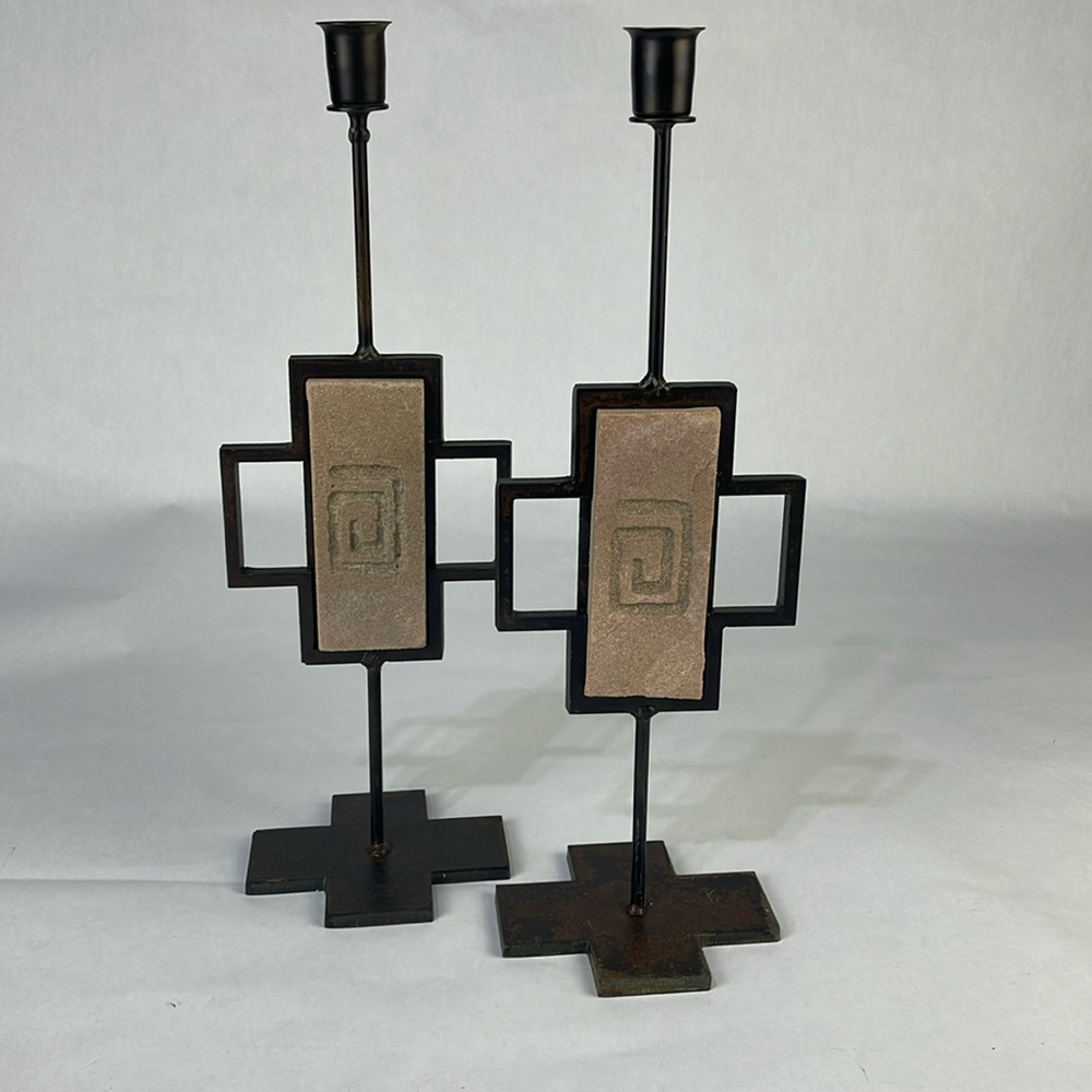 Vintage Set of Iron and Sandstone Taper Candle Holders